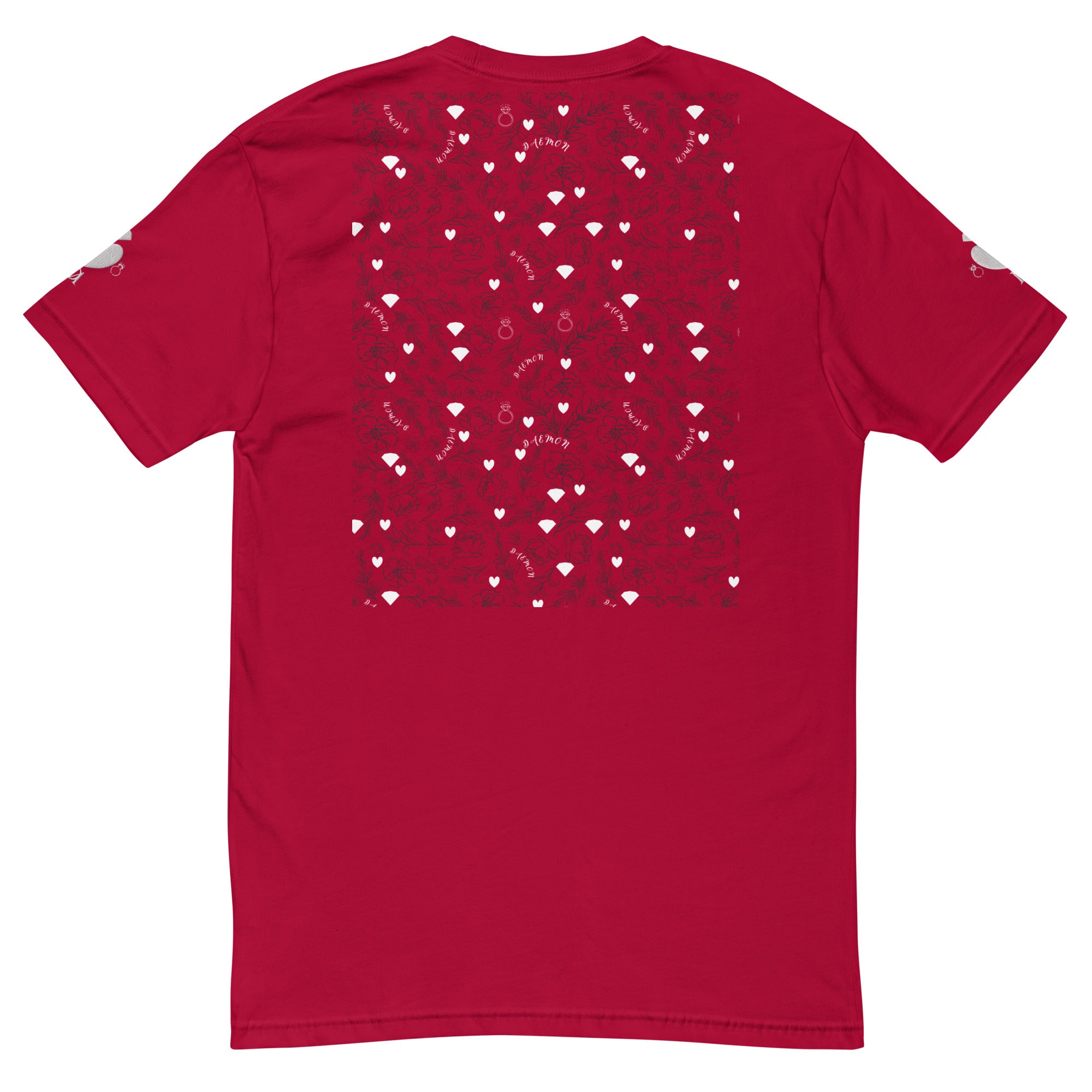 Red men's fitted t-shirt from Daemon Luxury's Florette Rebirth Premio il Man collection, shown from the back.