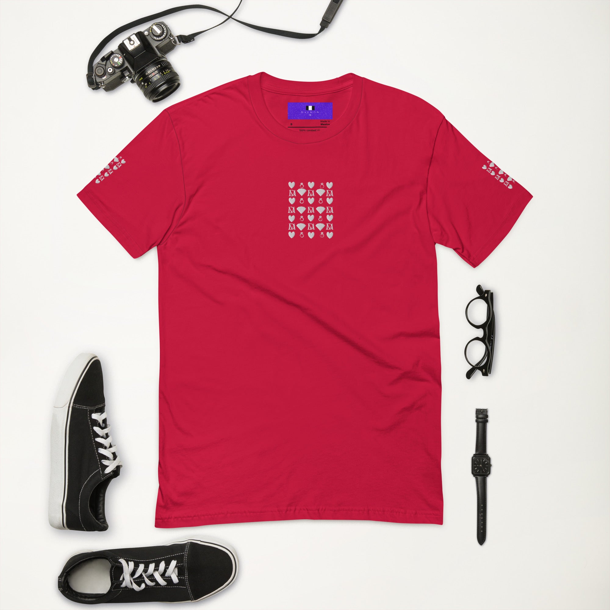 Red men's fitted T-shirt from Daemon Luxury's Frosted Diamonds Royalty collection, featuring a stylish crew neckline and soft fabric.