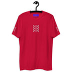 Red men's fitted t-shirt featuring frosted diamond royal design by Daemon Luxury, front view.