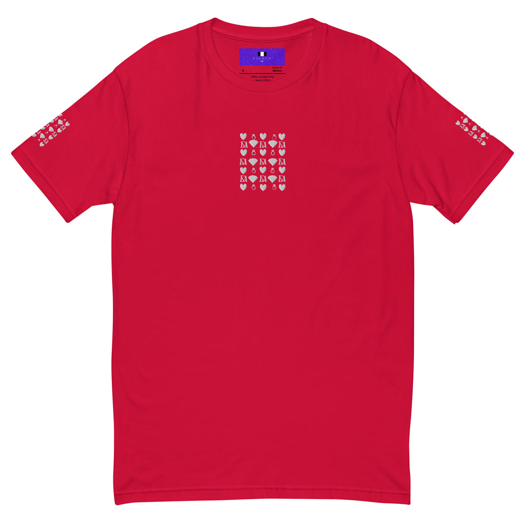 Red men's fitted T-shirt with frosted diamond royalty design by Daemon Luxury, front view showing stylish logo and fit.