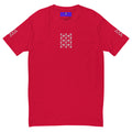 Red men's fitted T-shirt with frosted diamond royalty design by Daemon Luxury, front view showing stylish logo and fit.