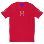 Red men's fitted T-shirt with frosted diamond royalty design by Daemon Luxury, front view showing stylish logo and fit.