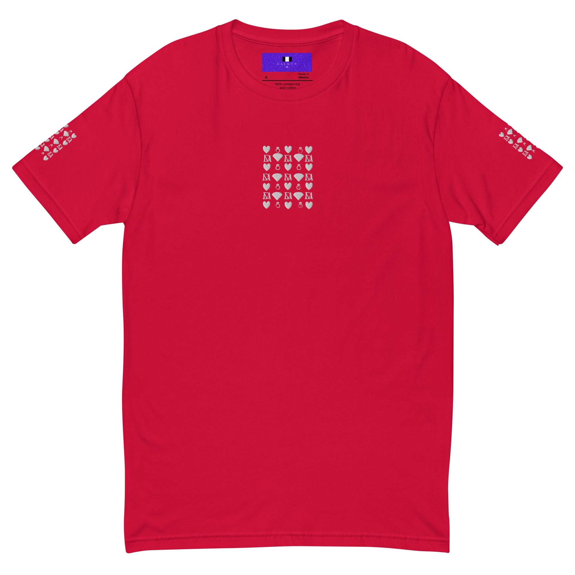 Red men's fitted T-shirt with frosted diamond royalty design by Daemon Luxury, front view showing stylish logo and fit.