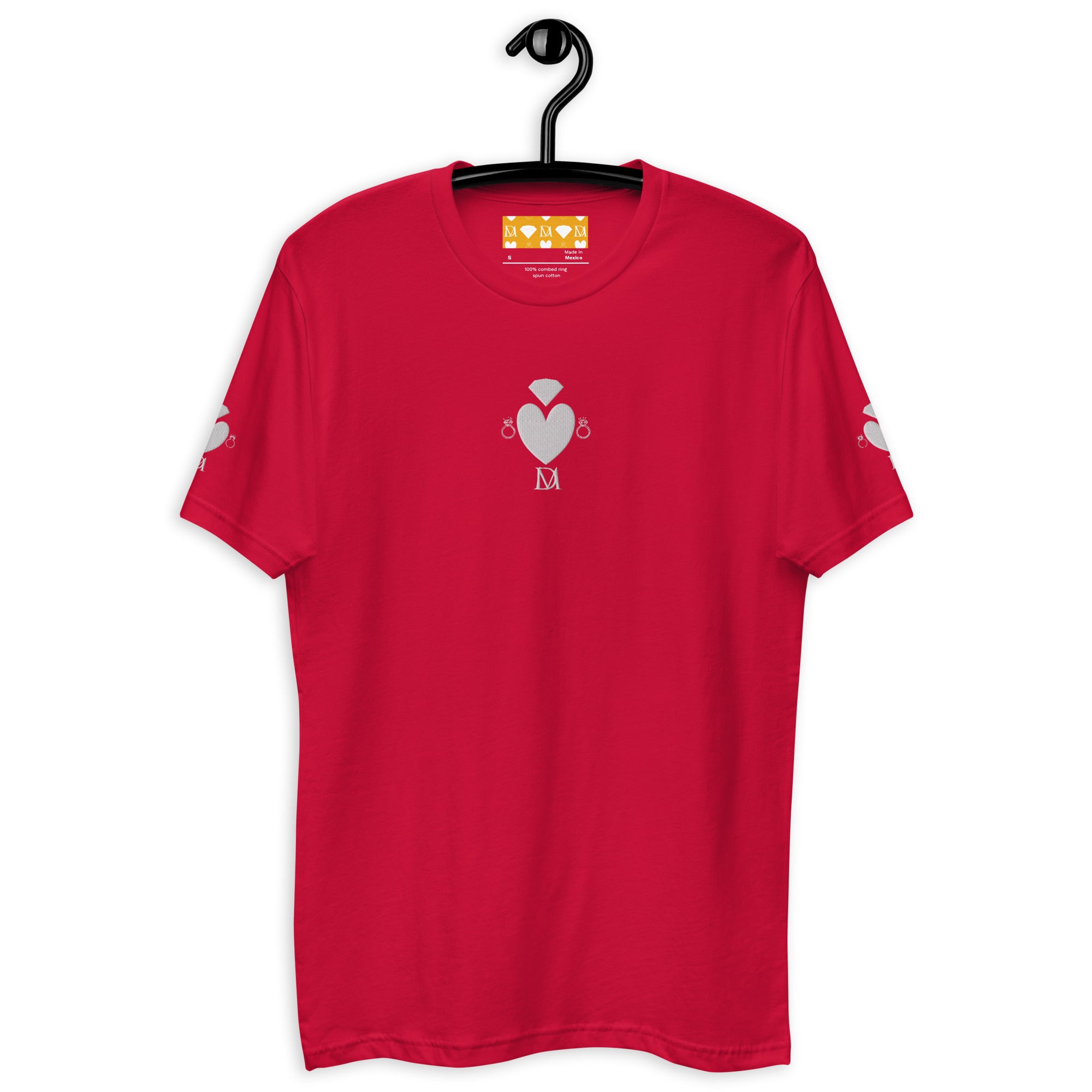 Red men's fitted T-shirt from Daemon Luxury's Florette Rebirth Premio il Man collection, shown from the front.