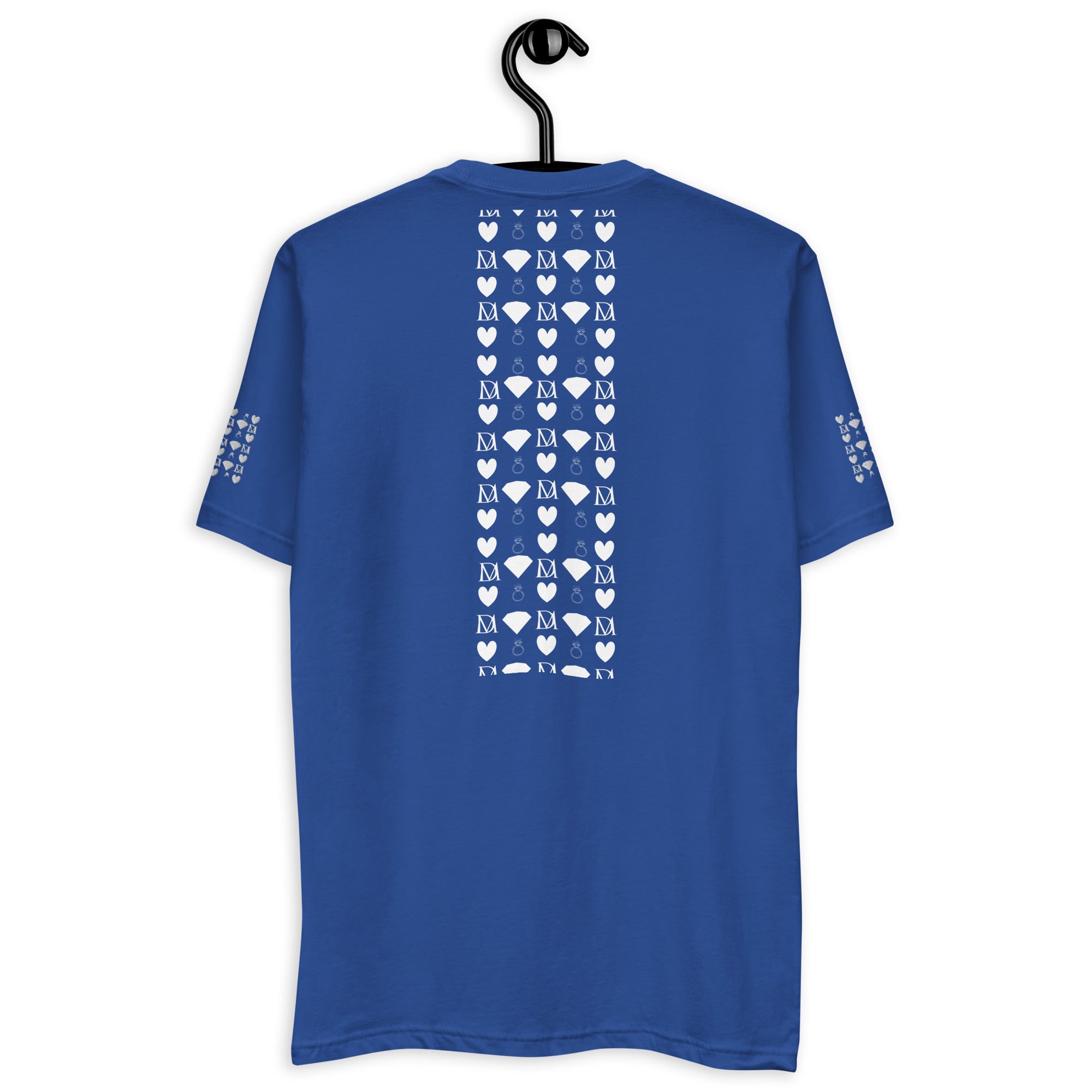Royal blue men's fitted T-shirt from Daemon Luxury featuring frosted diamond royalty graphic on the back.