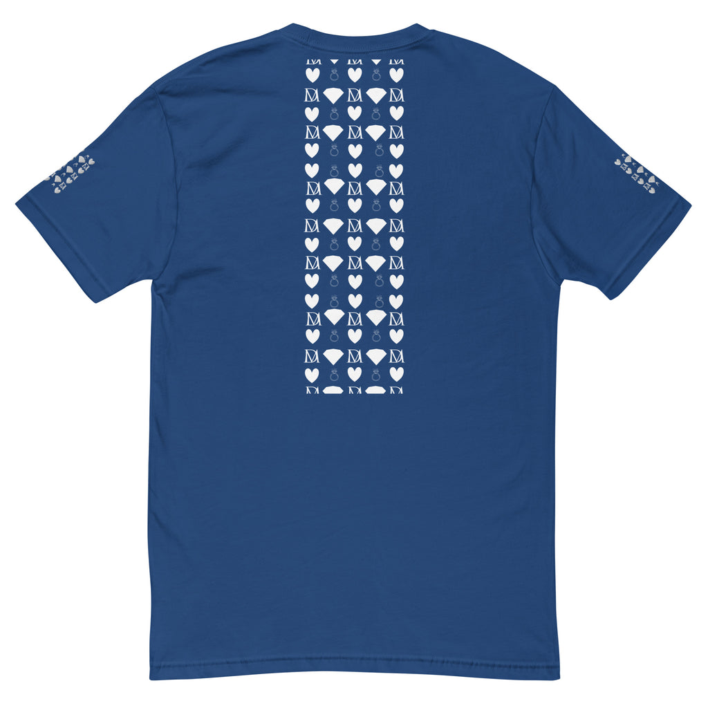 Royal blue men's fitted T-shirt with frosted diamond and royalty-themed design by Daemon Luxury, shown from the back.