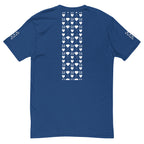 Royal blue men's fitted T-shirt with frosted diamond and royalty-themed design by Daemon Luxury, shown from the back.