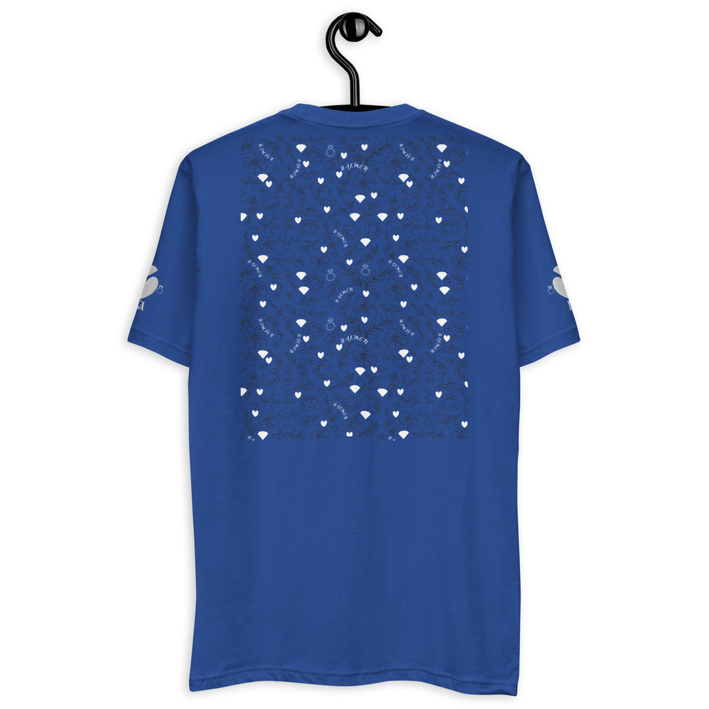 Royal blue men's fitted T-shirt by Daemon Luxury, featuring the Florette Rebirth // Premio il Man design on the back.