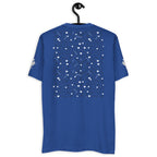 Royal blue men's fitted T-shirt by Daemon Luxury, featuring the Florette Rebirth // Premio il Man design on the back.