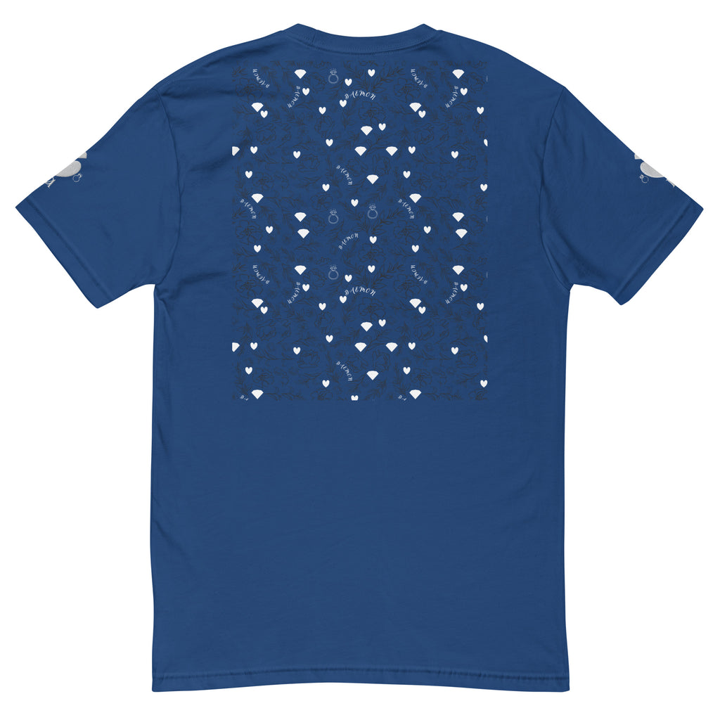 Royal blue men's fitted T-shirt from Daemon Luxury's Florette Rebirth collection, shown from the back.