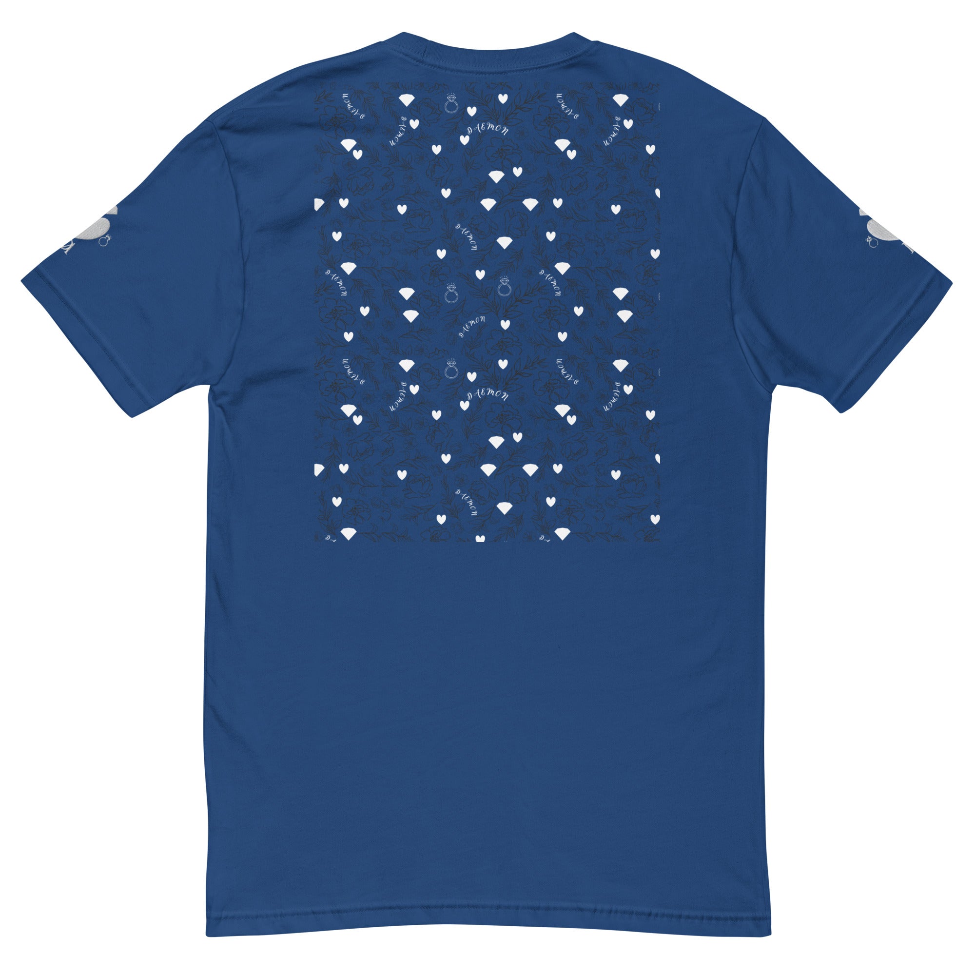 Royal blue men's fitted T-shirt from Daemon Luxury's Florette Rebirth collection, shown from the back.