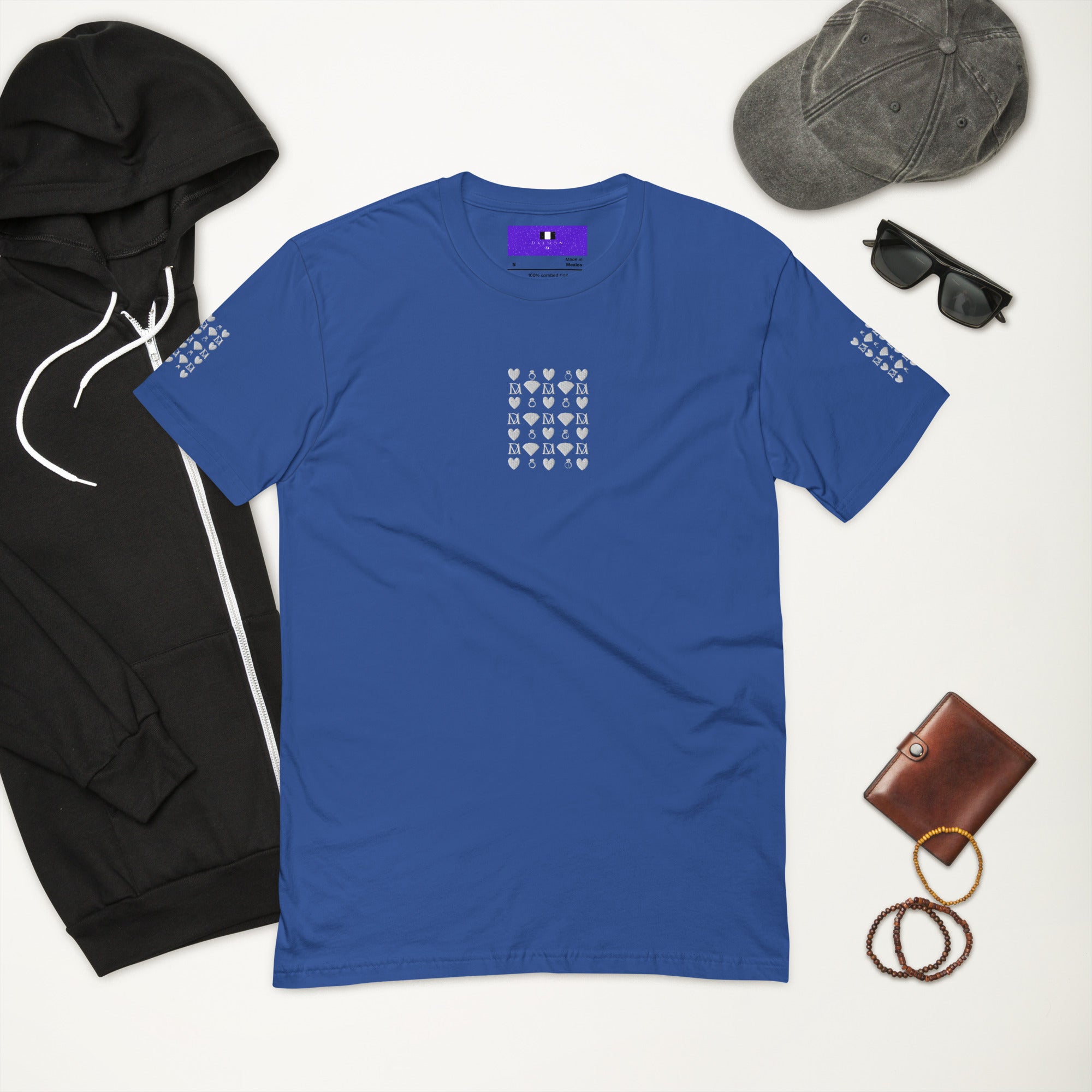 Royal blue men's fitted T-shirt with frosted diamond Royalty design by Daemon Luxury, front view.