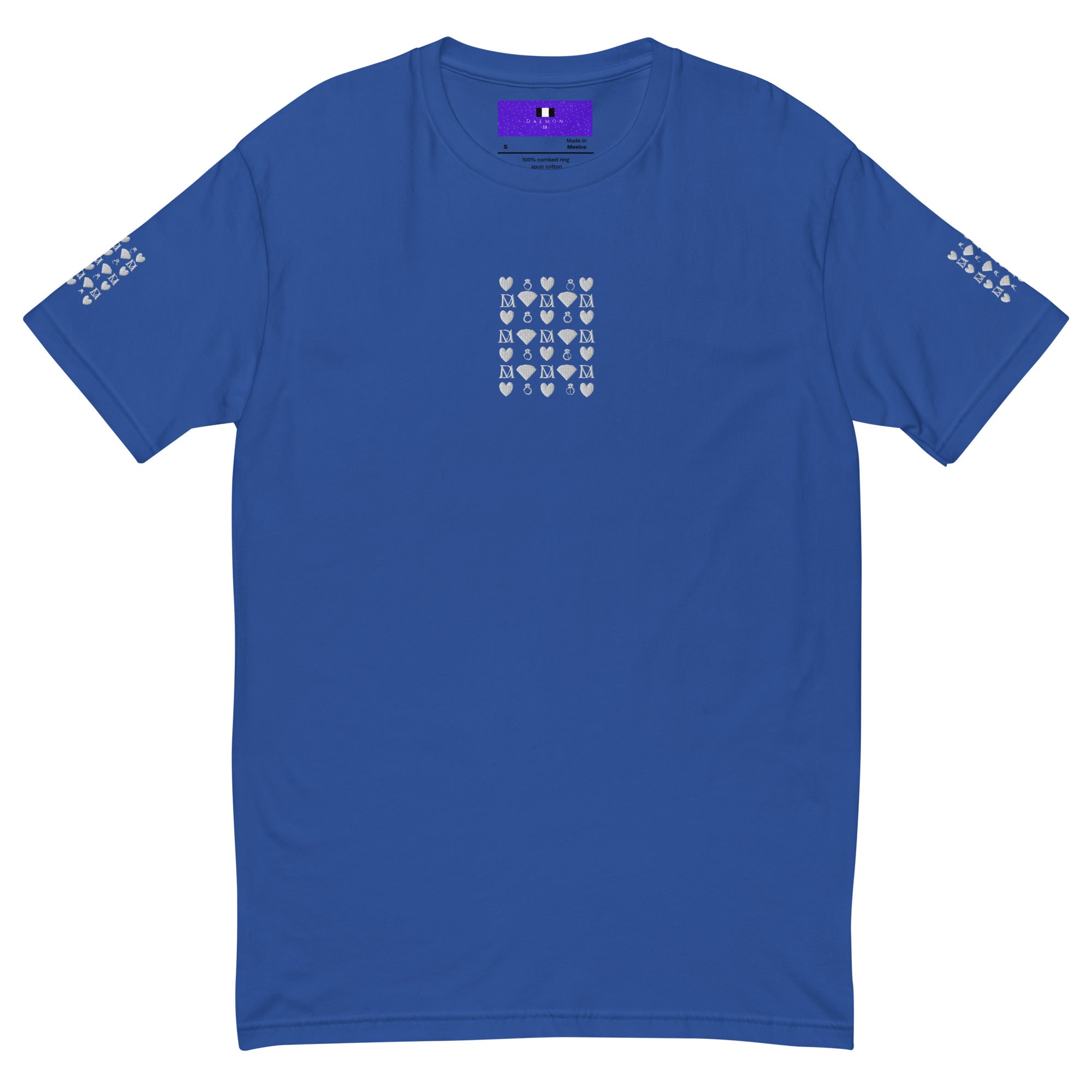 Royal blue men's fitted T-shirt featuring frosted diamond and royalty-themed design by Daemon Luxury.