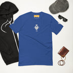 Men's fitted royal blue T-shirt featuring the Florette Rebirth design by Daemon Luxury, front view with detailed graphic artwork.
