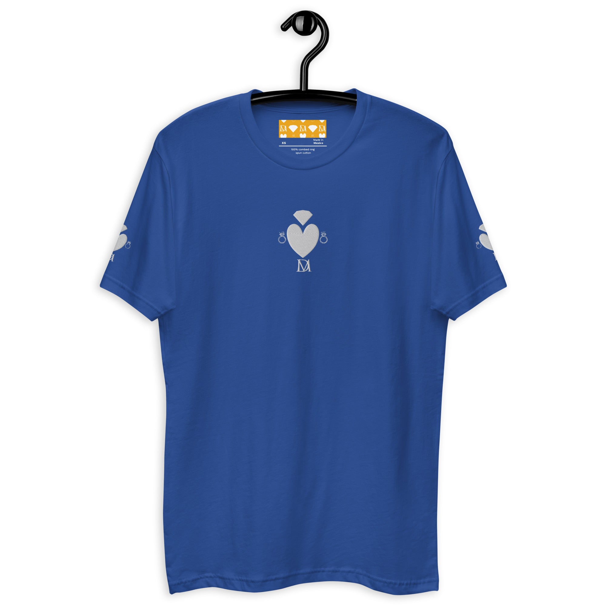 Mens fitted royal blue T-shirt from Daemon Luxury's Florette Rebirth Premio il Man collection, front view showing design details.