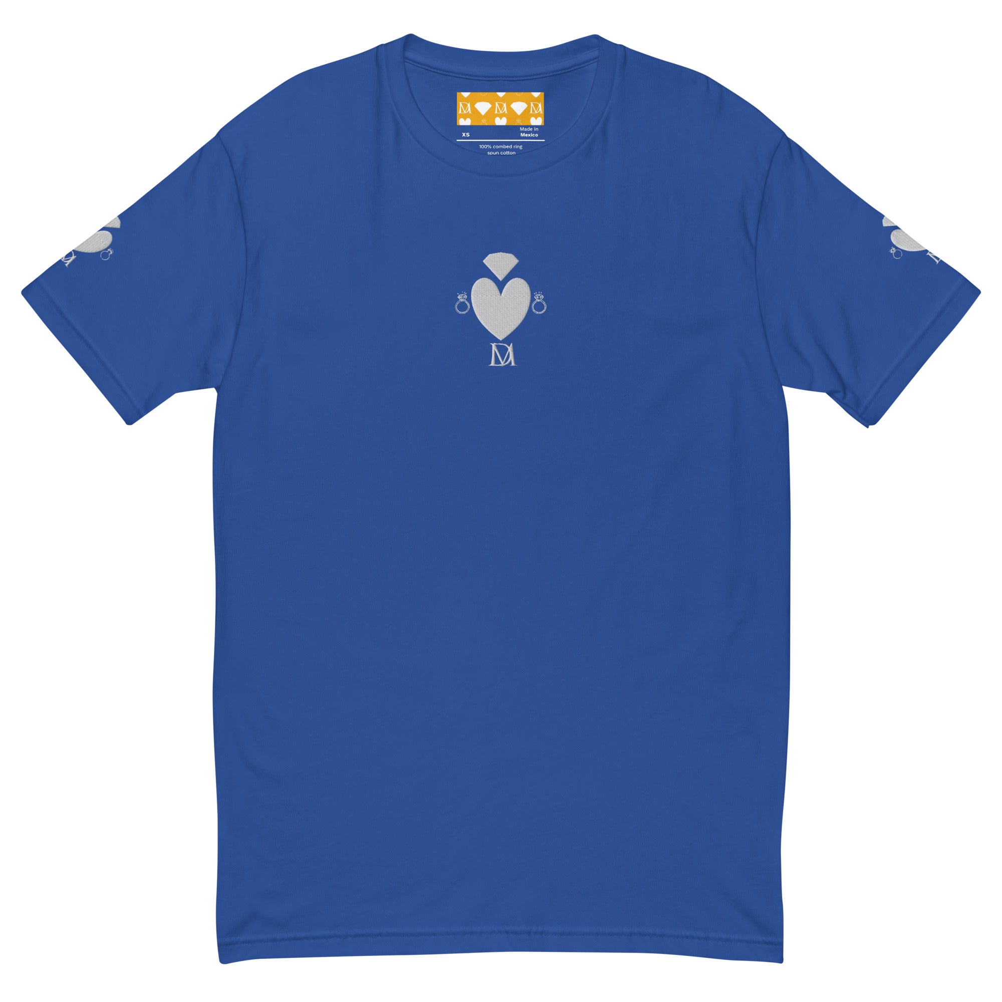 Royal blue men's fitted T-shirt from Daemon Luxury's Florette Rebirth collection, front view showing classic crew neckline.