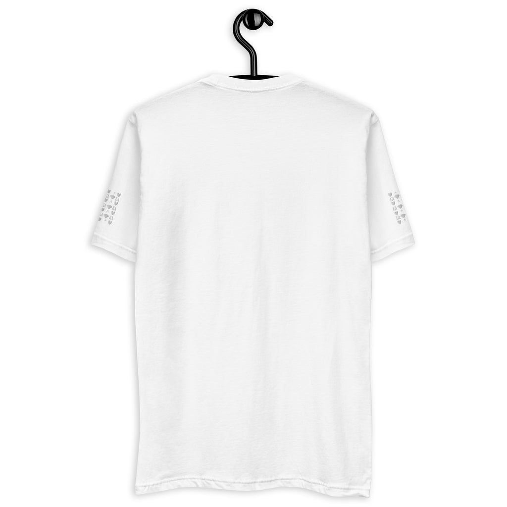 White men's fitted T-shirt featuring frosted diamond royal crest design on the back, by Daemon Luxury.