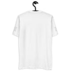 White men's fitted T-shirt featuring frosted diamond royal crest design on the back, by Daemon Luxury.