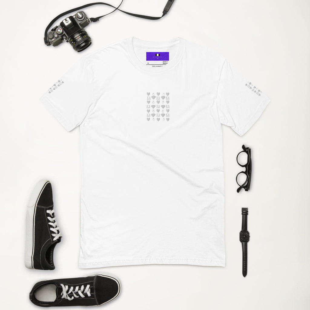 Daemon Luxury men's fitted white T-shirt with frosted diamond royalty graphic on the front.