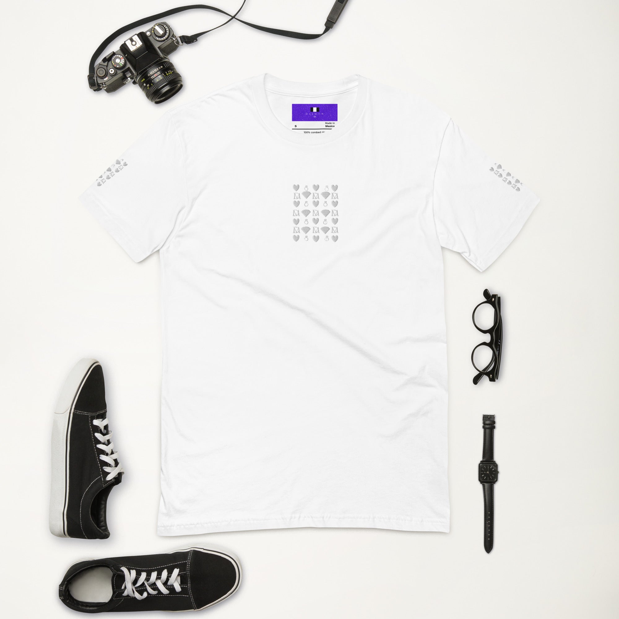 Daemon Luxury men's fitted white T-shirt with frosted diamond royalty graphic on the front.