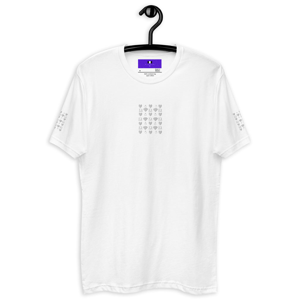White men's fitted T-shirt from Daemon Luxury featuring frosted diamond royal design on the front.