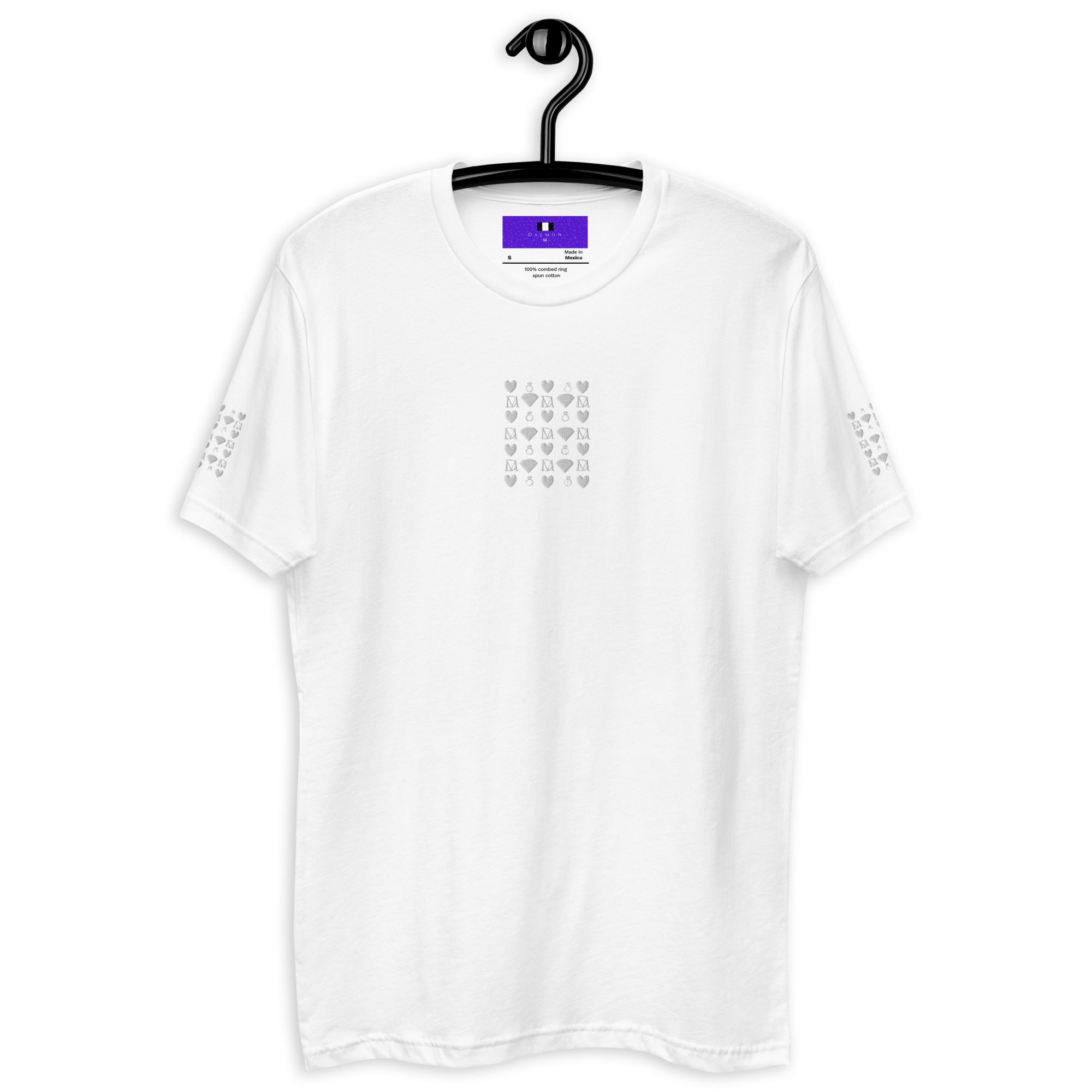 White men's fitted T-shirt from Daemon Luxury featuring frosted diamond royal design on the front.
