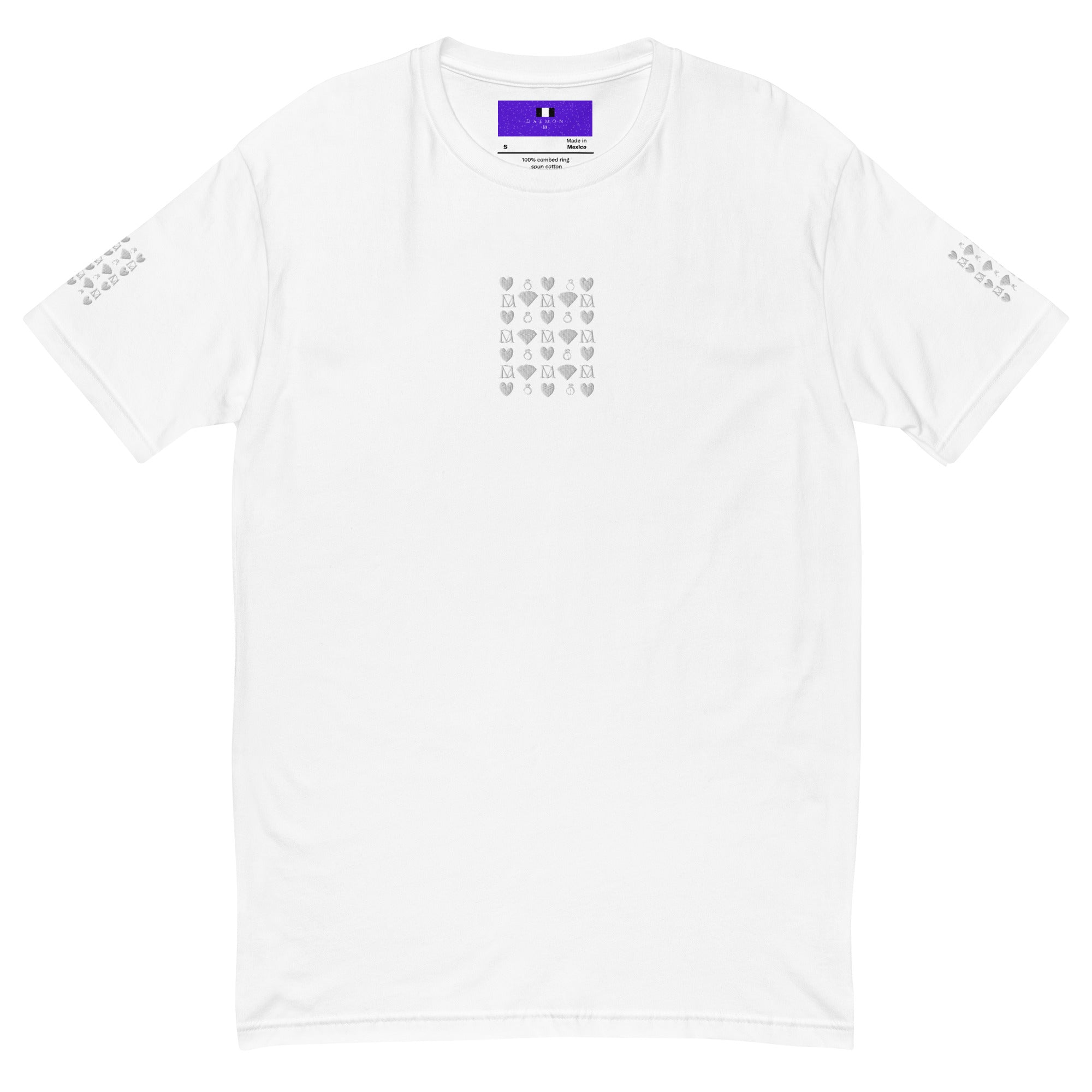 White men's fitted T-shirt from Daemon Luxury featuring Frosted Diamonds Royalty design on the front.