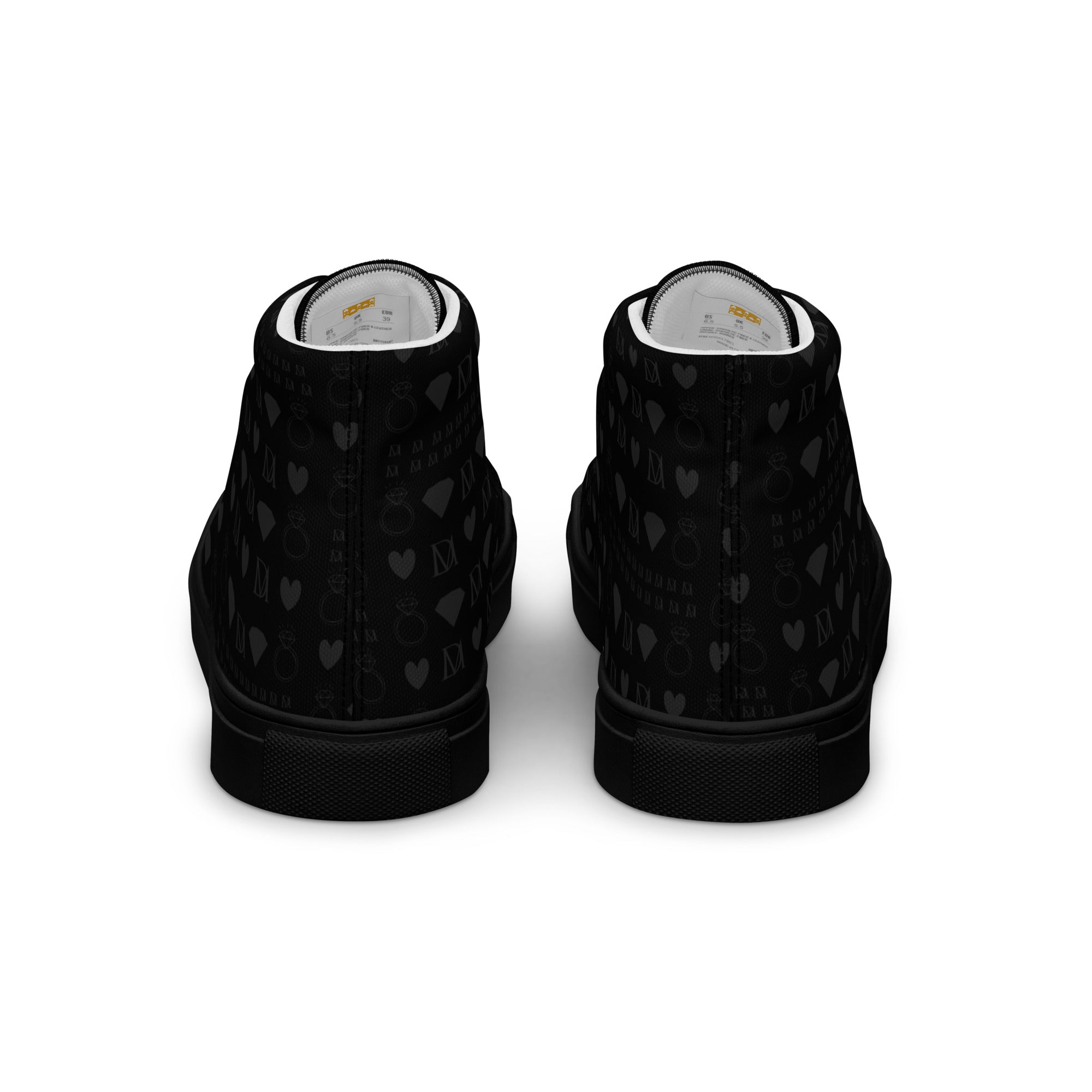 Black men's high-top canvas shoes by Daemon Luxury featuring frosted diamond accents and platinum detailing.