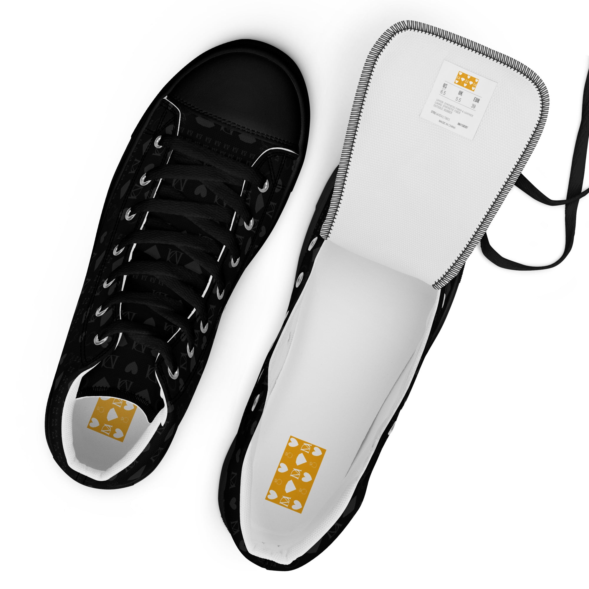 Black men's high-top canvas shoes with frosted diamond accents from Daemon Luxury's Platinum Dim Male collection.