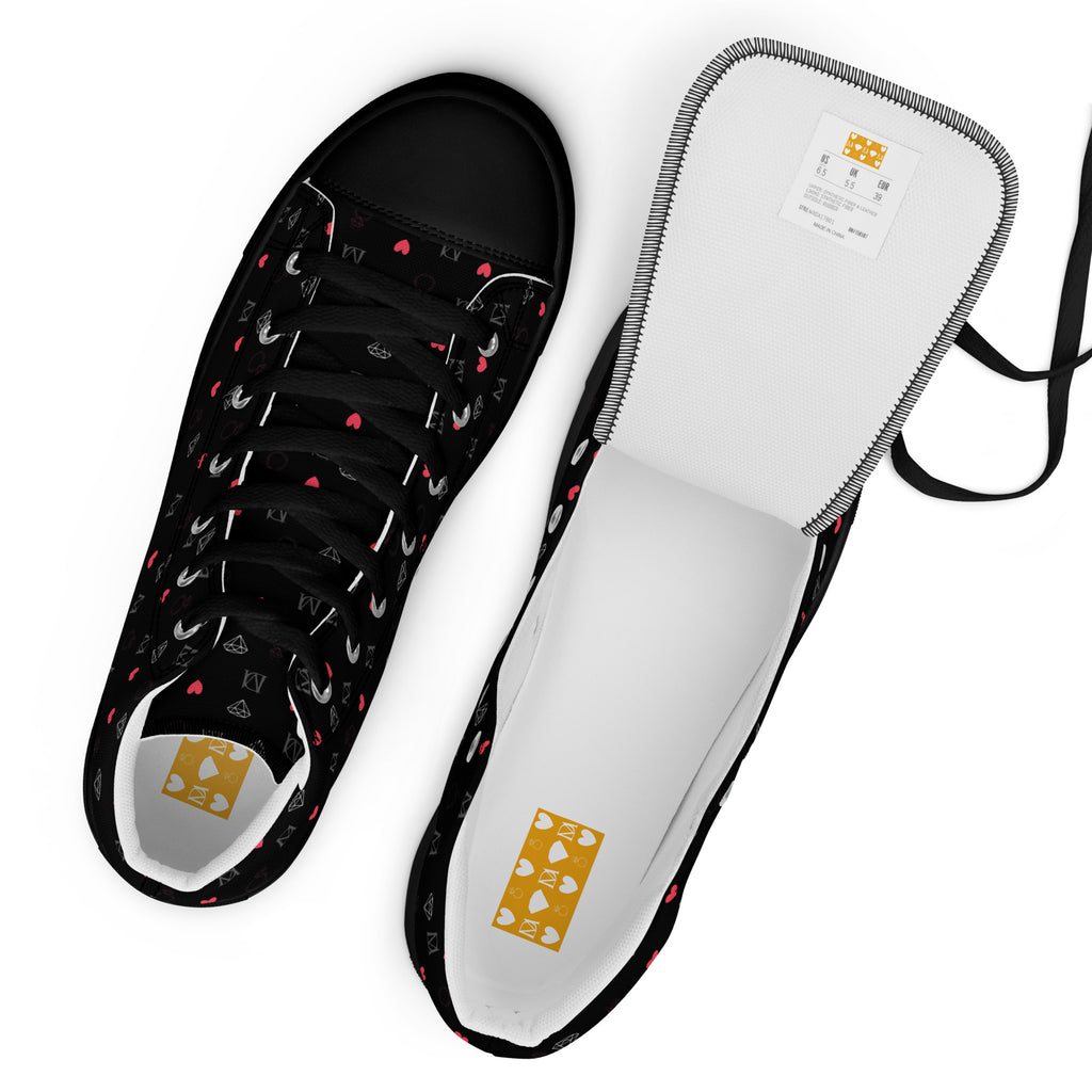 Black men's high-top canvas shoes with speckled diamond pattern and Daemon Luxury branding on the side.
