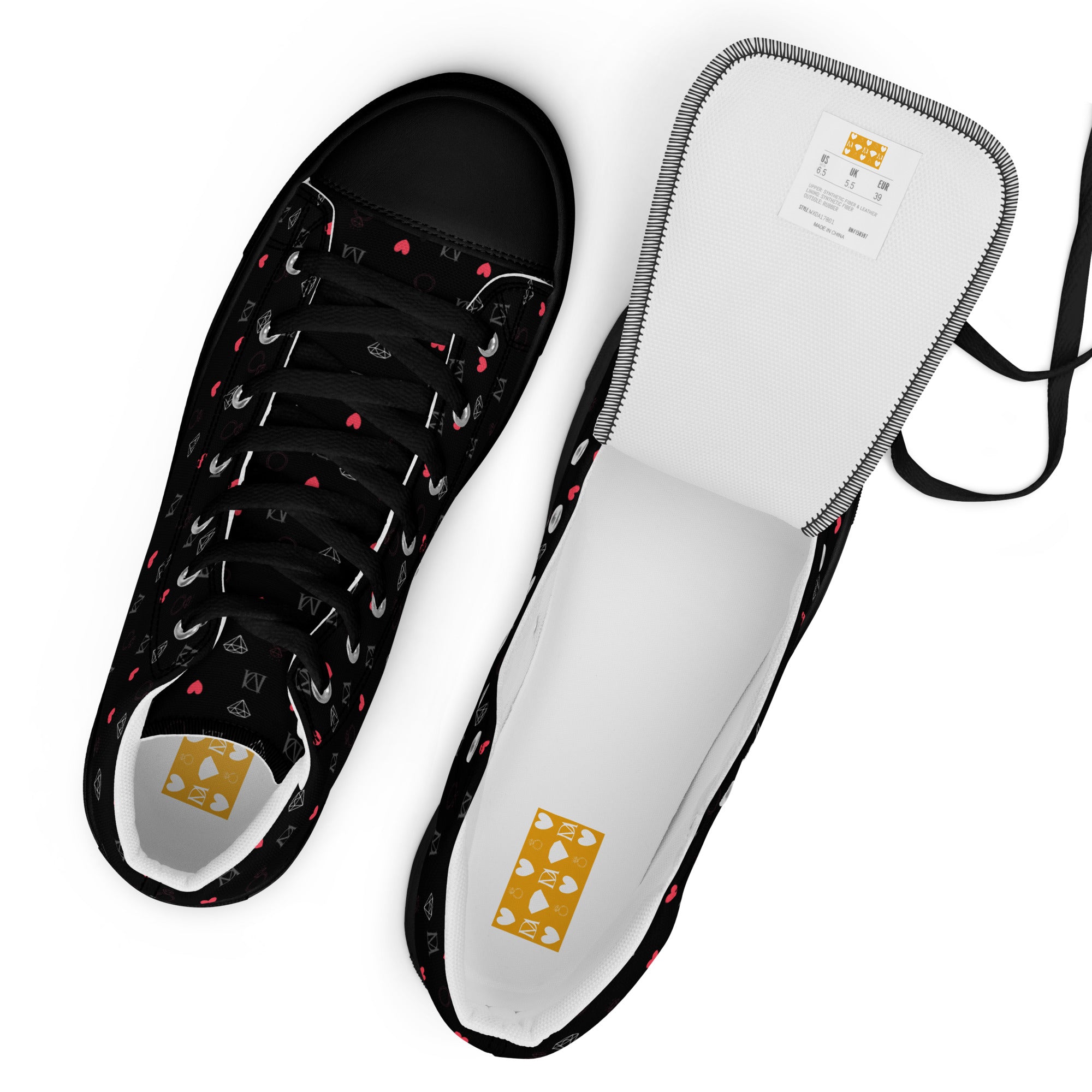 Black men's high-top canvas shoes with speckled diamond pattern and Daemon Luxury branding on the side.