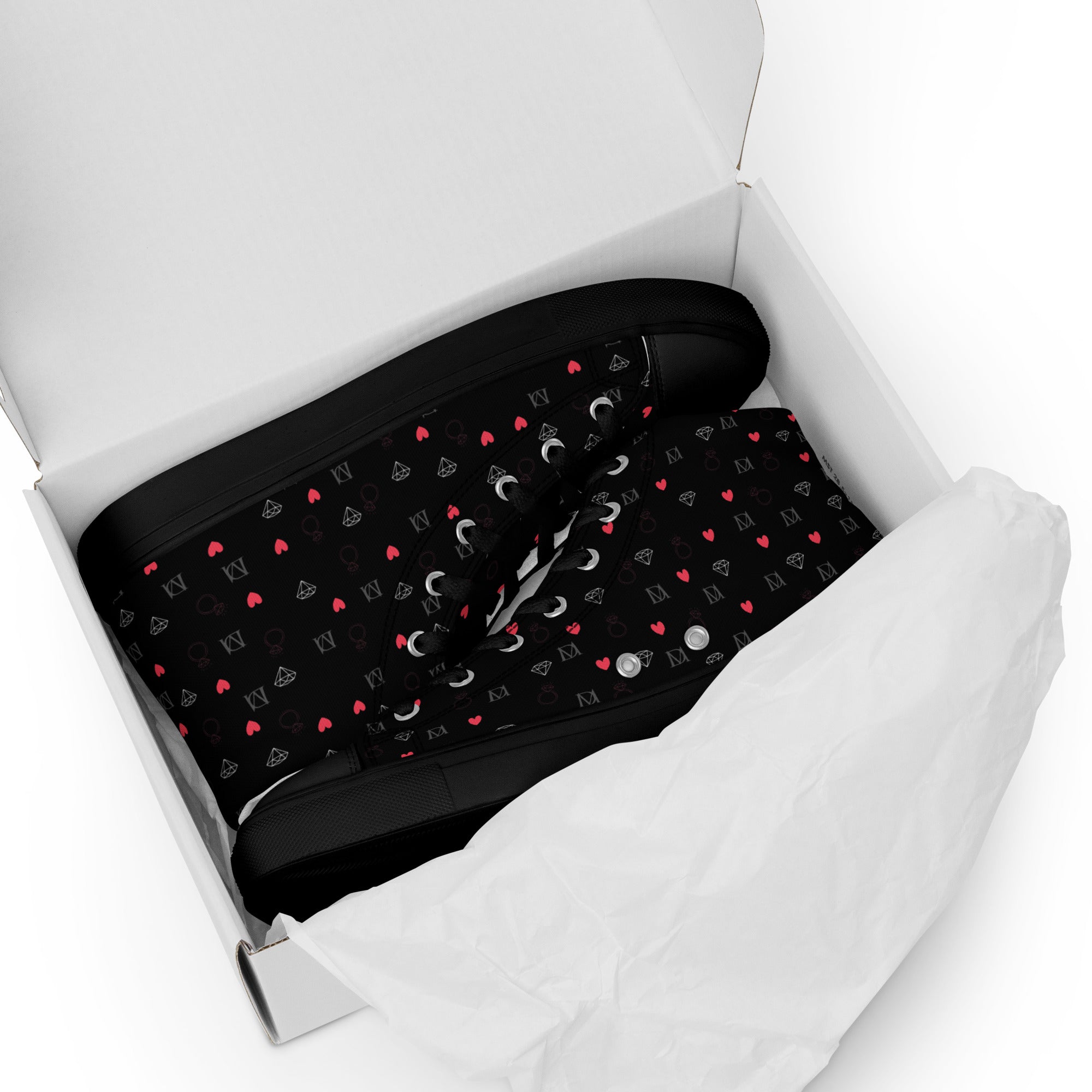 Black high-top canvas shoes with speckled diamond pattern from Daemon Luxury's NEMESIS Male collection.
