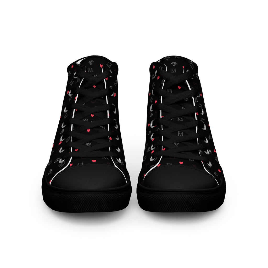 Black high-top canvas shoes for men featuring speckled diamond design from Daemon Luxury's NEMESIS Male collection.