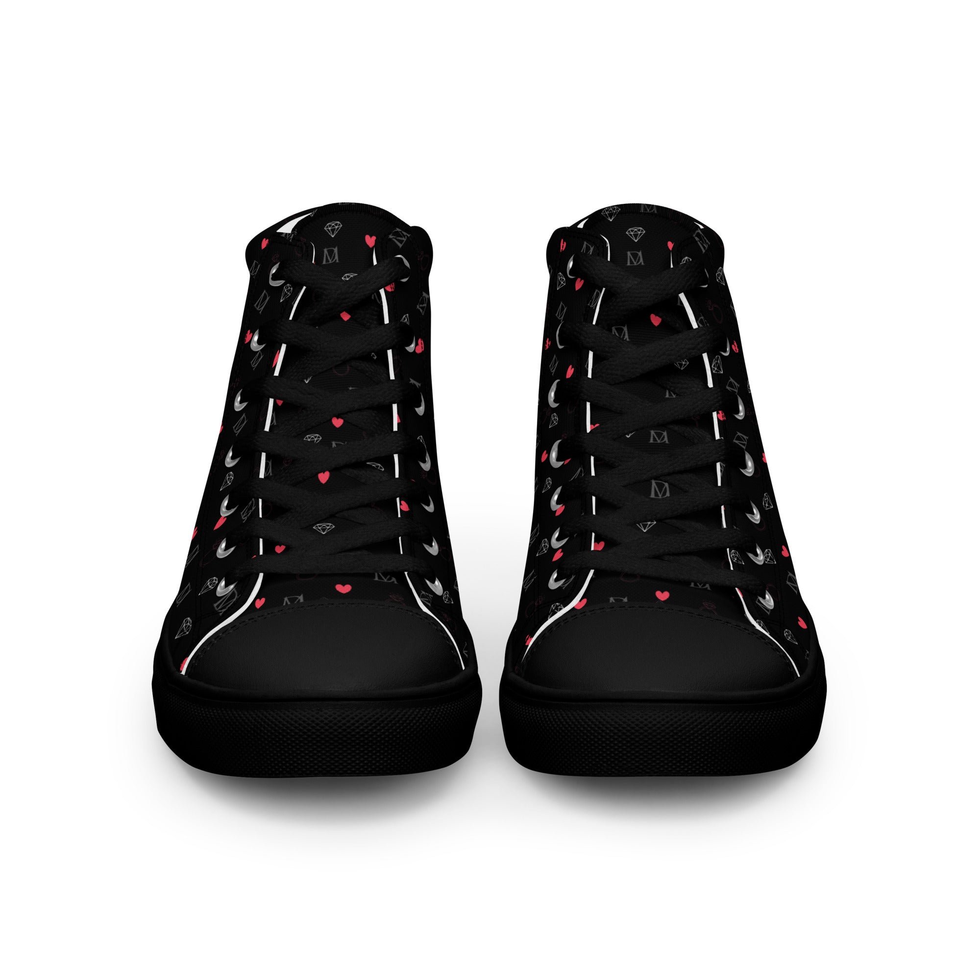 Black high-top canvas shoes for men featuring speckled diamond design from Daemon Luxury's NEMESIS Male collection.