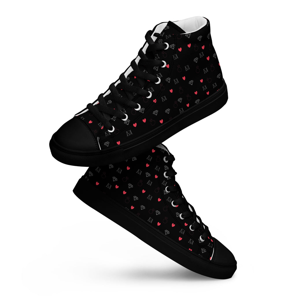 Black high-top canvas shoes featuring speckled diamond detail from Daemon Luxury's NEMESIS Male collection.