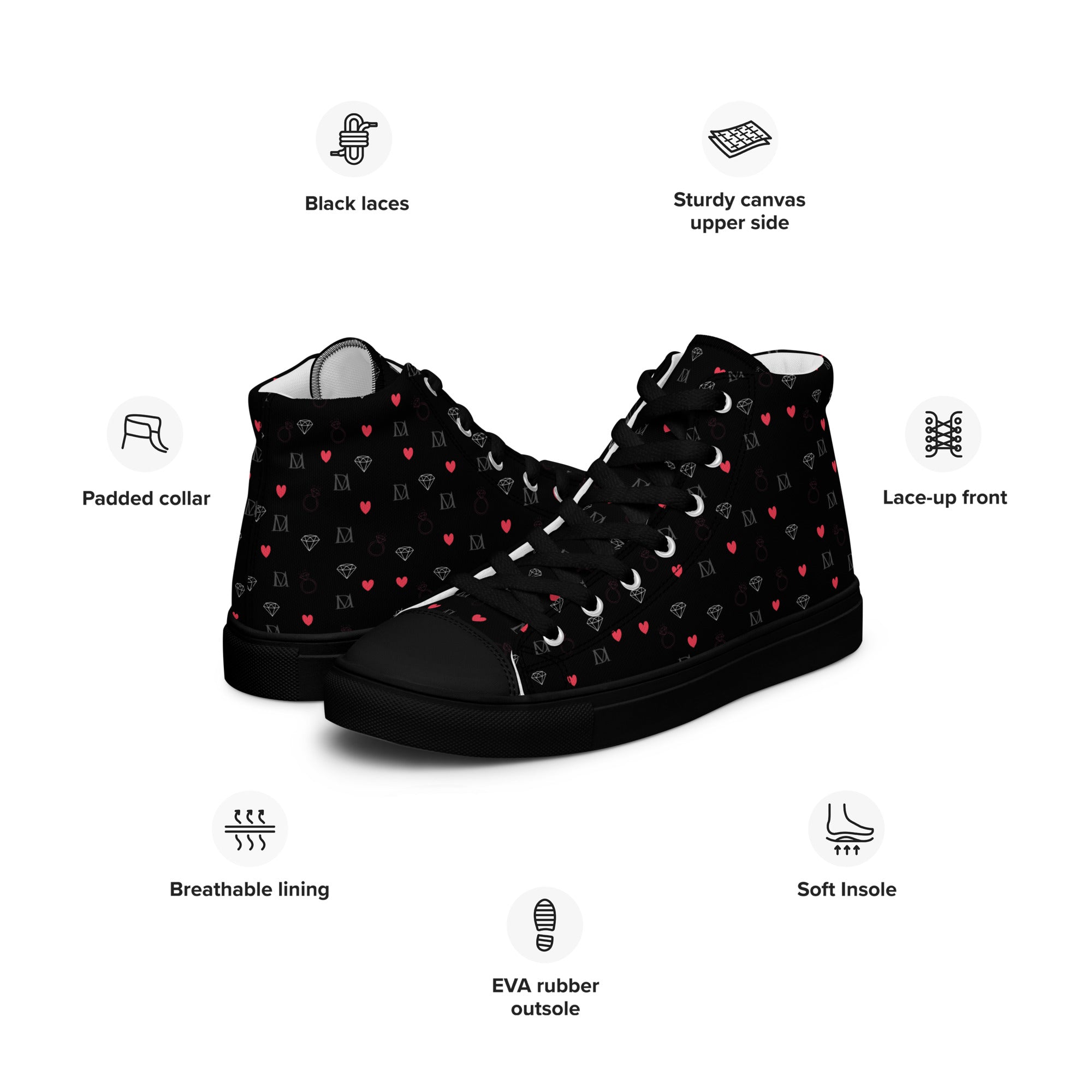 Daemon Luxury Speckled Diamonds NEMESIS male high-top canvas shoes in black, shown from the left side.