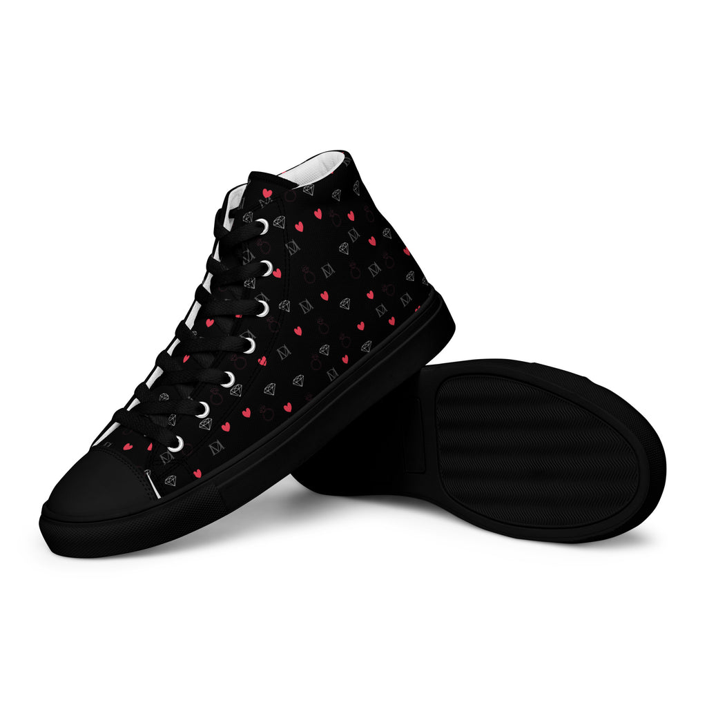 Black men's high-top canvas shoes featuring speckled diamond design by Daemon Luxury, shown from the left side.