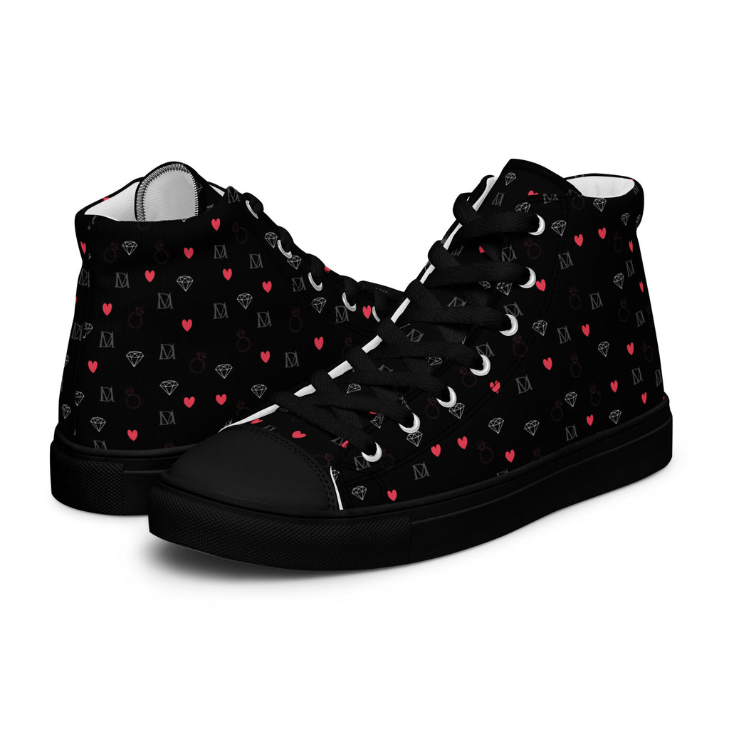 Black men's high-top canvas shoes with speckled diamond pattern from Daemon Luxury's NEMESIS Male collection.
