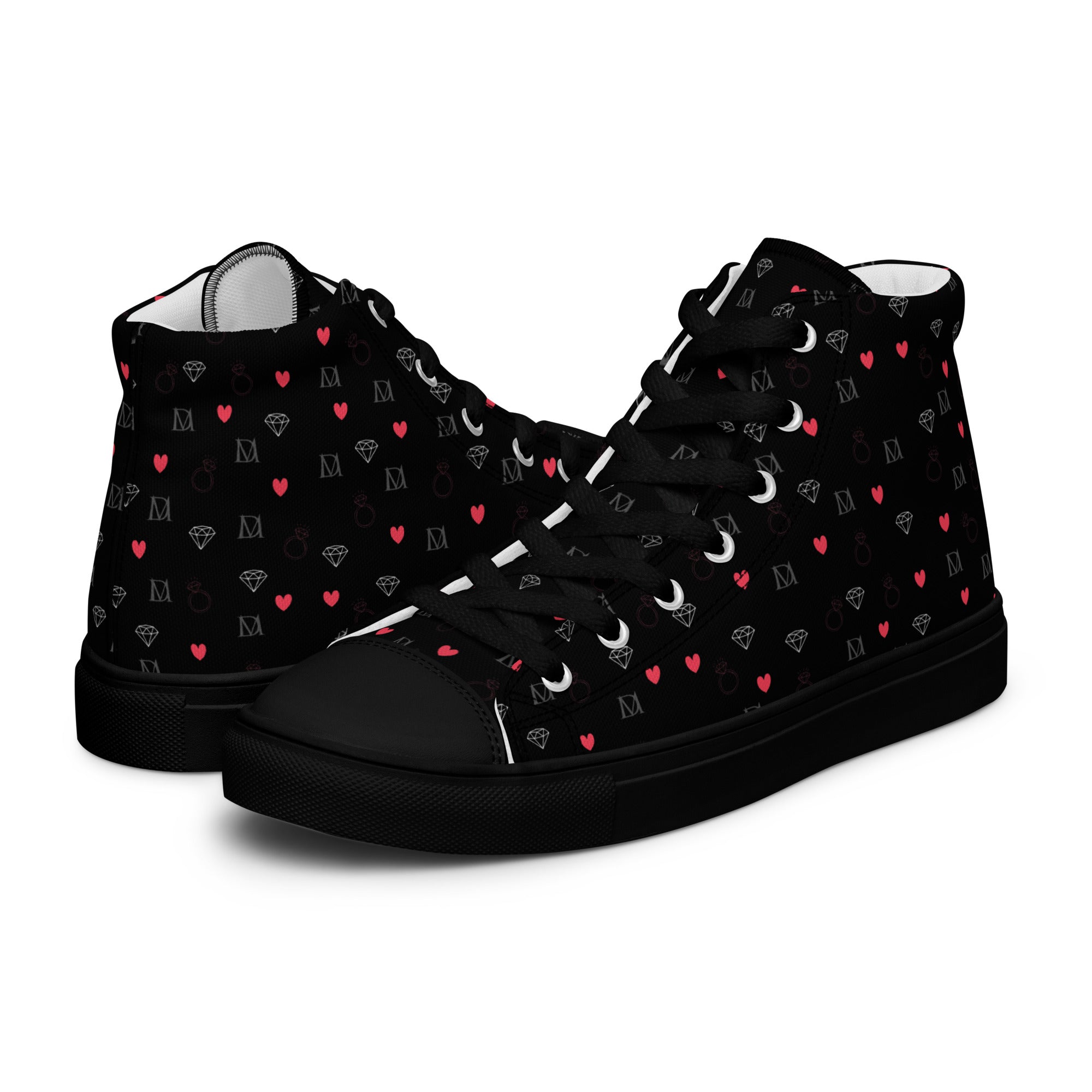 Black men's high-top canvas shoes with speckled diamond pattern from Daemon Luxury's NEMESIS Male collection.
