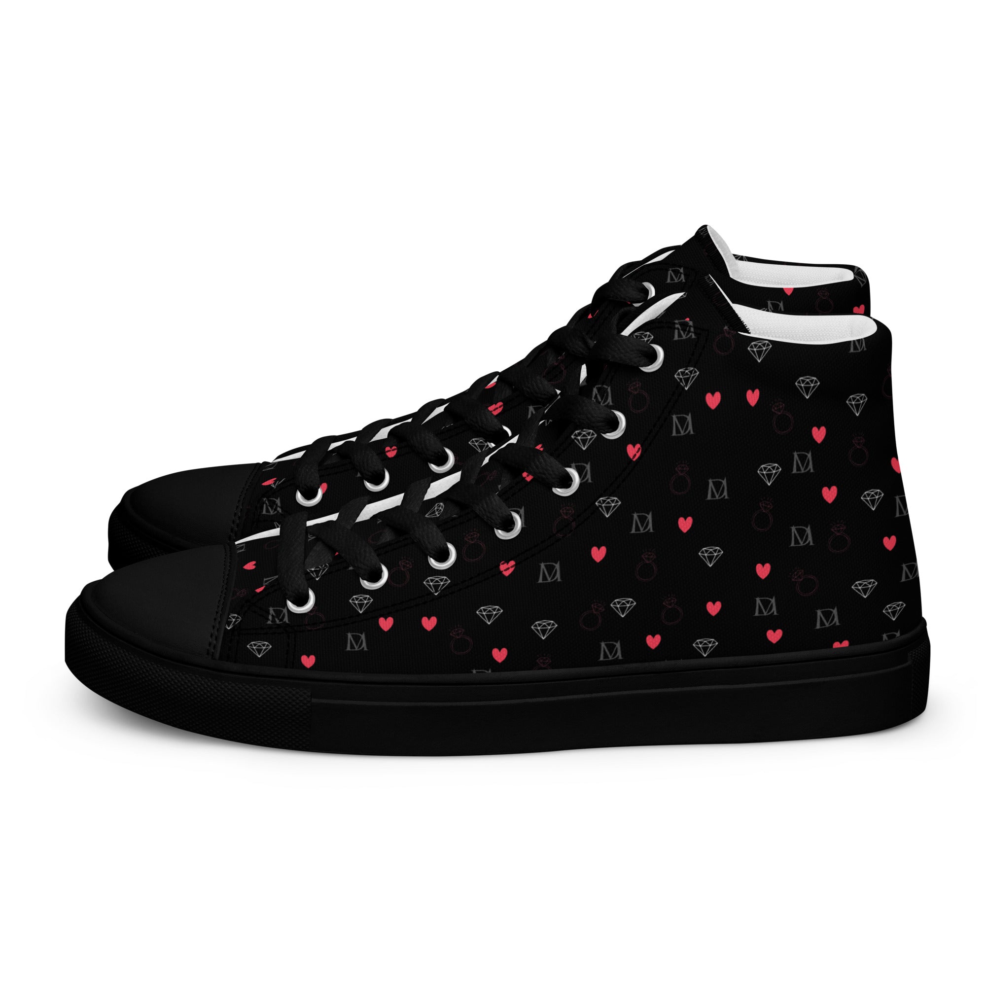 Black men's high-top canvas shoes with speckled diamond pattern from Daemon Luxury's NEMESIS Male collection.