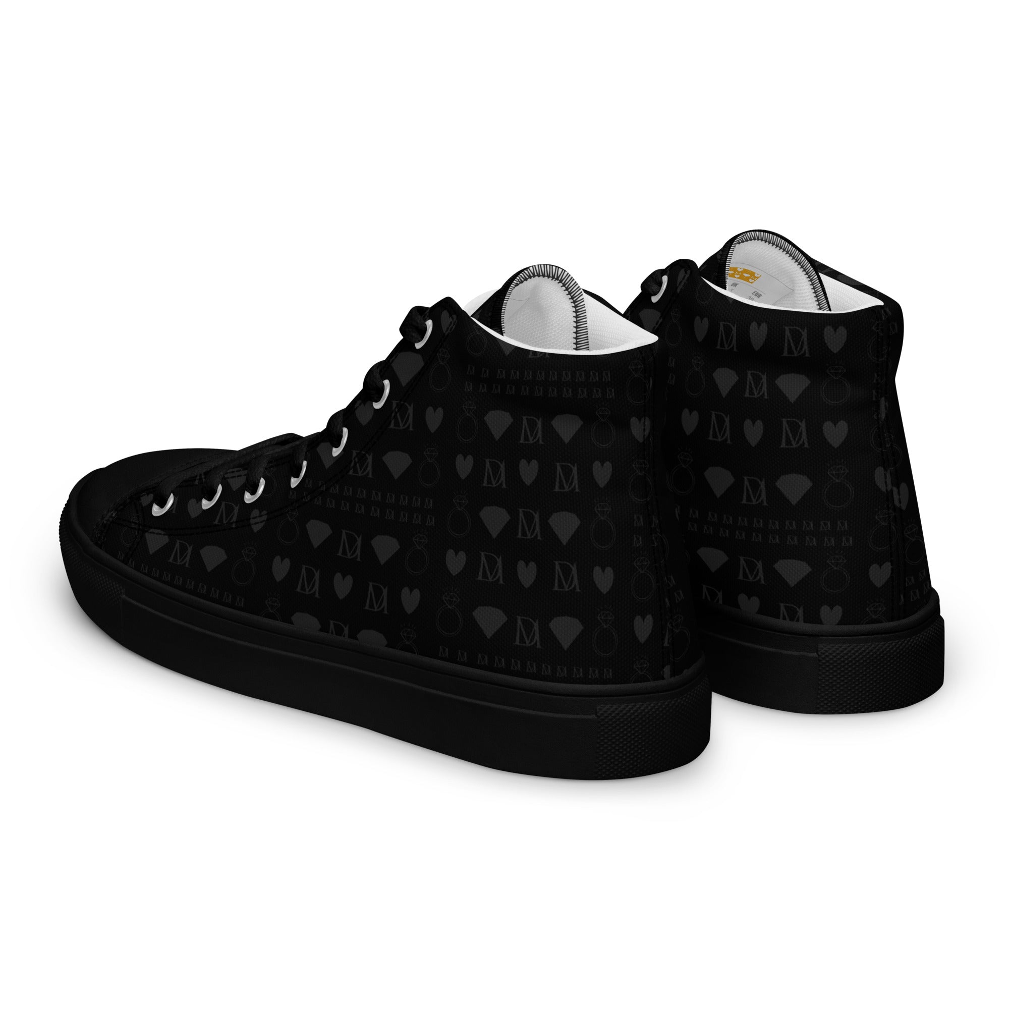 Black men's high-top canvas shoes with frosted diamond accents and platinum detailing, featuring Daemon Luxury branding.