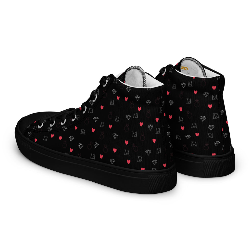 Black high-top canvas shoes from Daemon Luxury's Speckled Diamonds NEMESIS Male collection, shown from the back left side.