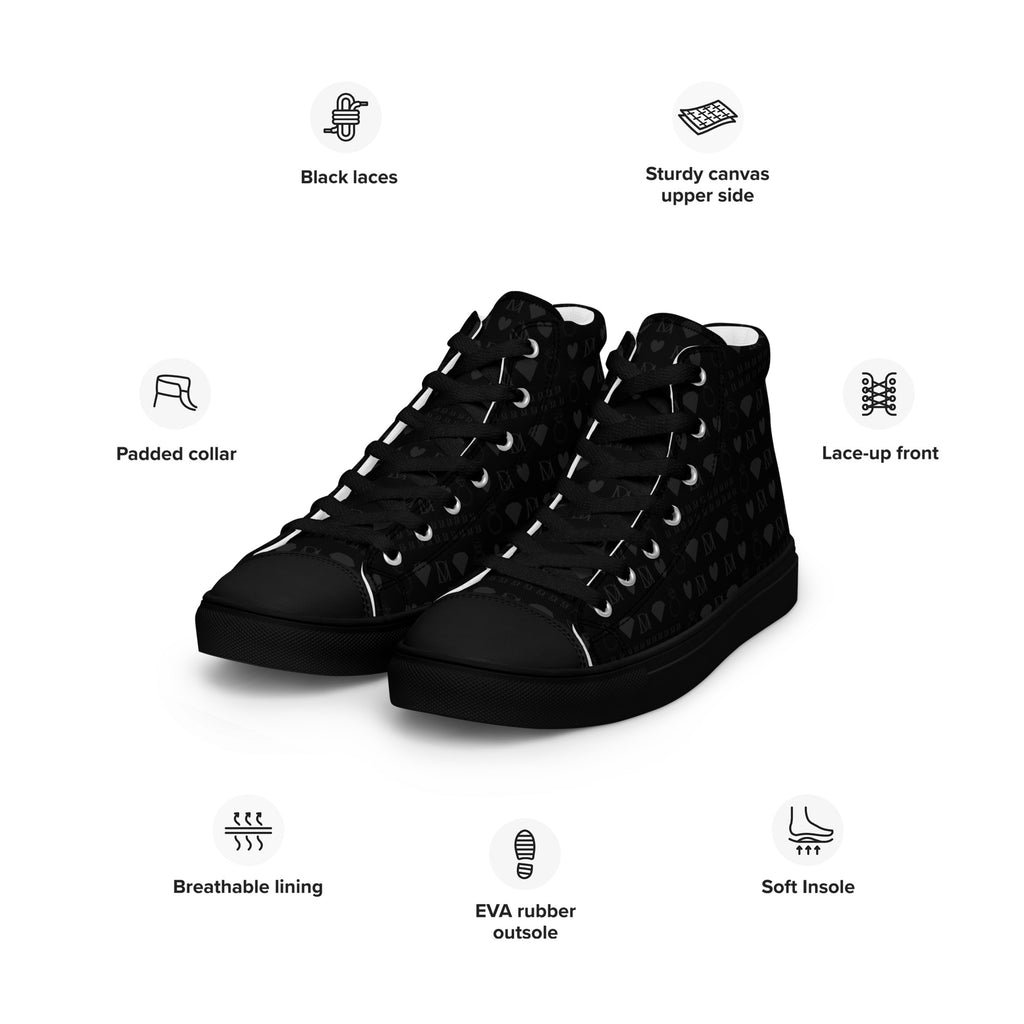 Black men's high-top canvas shoes with frosted diamond details from Daemon Luxury's Platinum Dim collection, shown from the front left.