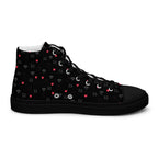 Black men's high-top canvas shoes featuring speckled diamond design by Daemon Luxury, shown from the inside-left angle.