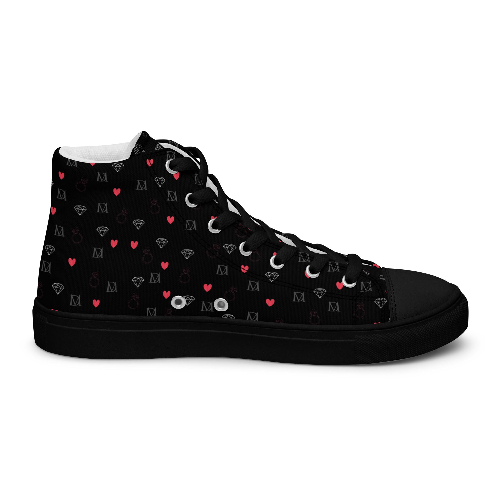 Black men's high-top canvas shoes featuring speckled diamond design by Daemon Luxury, shown from the inside-left angle.