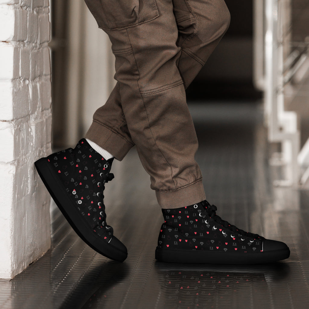 Daemon Luxury Speckled Diamonds NEMESIS Male high-top canvas shoes in black, seen from the right side.
