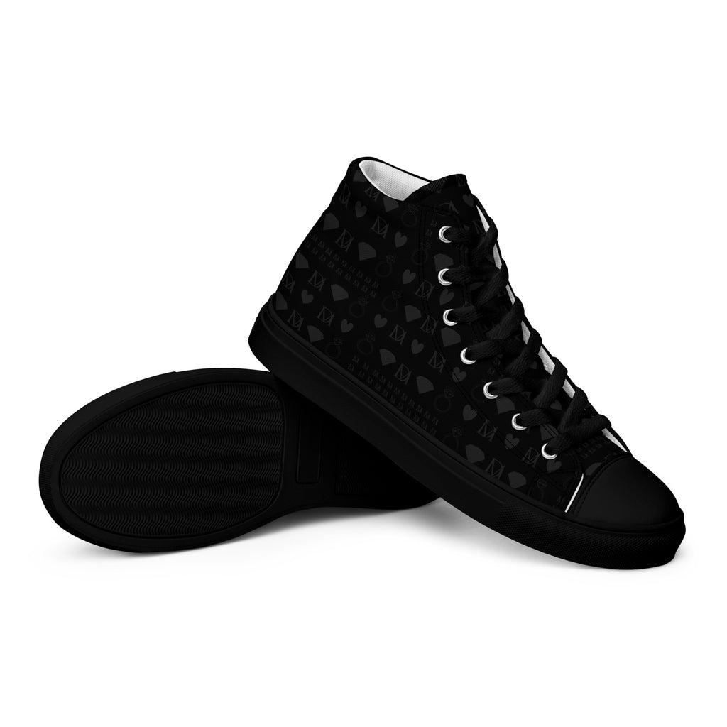 Black men's high-top canvas shoes from Daemon Luxury with frosted diamond platinum design, shown from the right side.