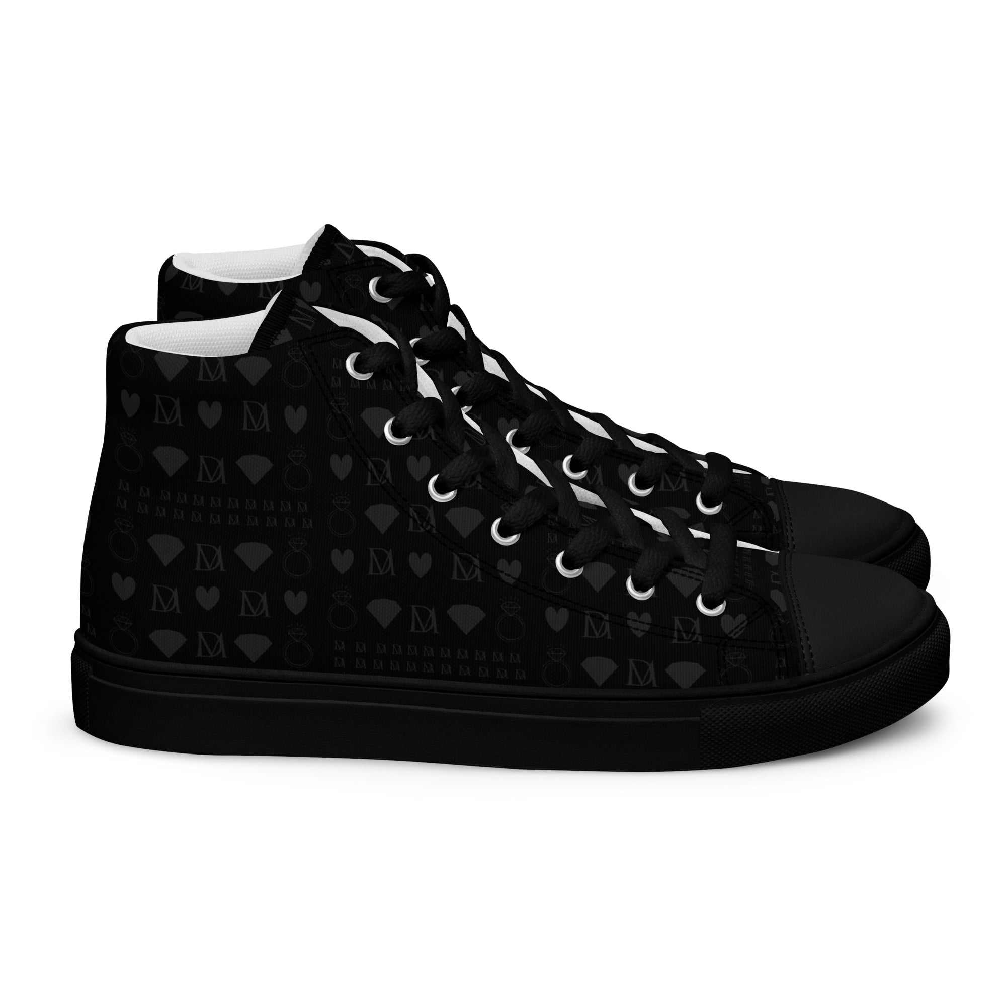 Black men's high-top canvas shoes by Daemon Luxury with frosted diamond accents and platinum details, right shoe view.