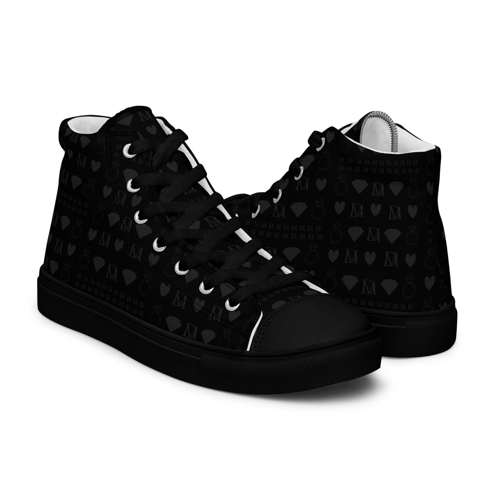 Black men's high-top canvas shoes by Daemon Luxury featuring frosted diamond platinum accents on the right shoe.
