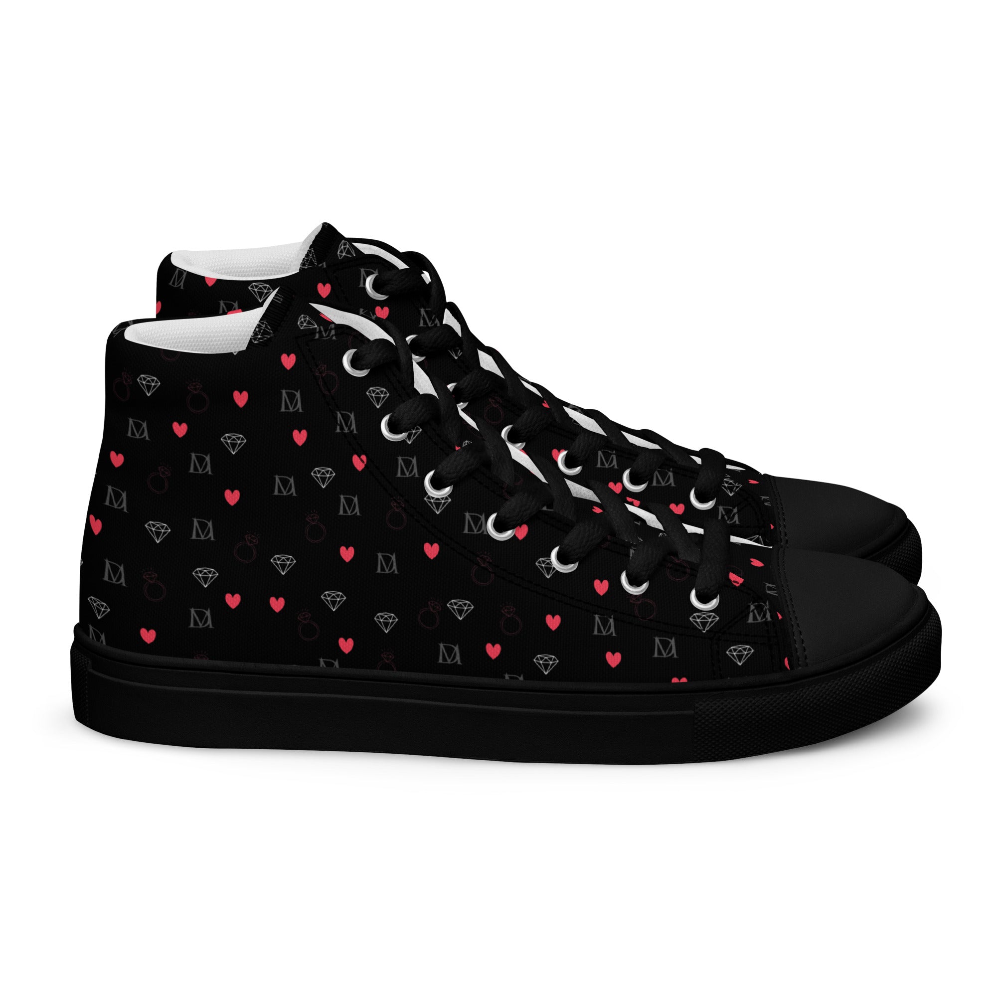 Black men's high-top canvas shoes with speckled diamond design by Daemon Luxury, featuring a sleek and stylish look.